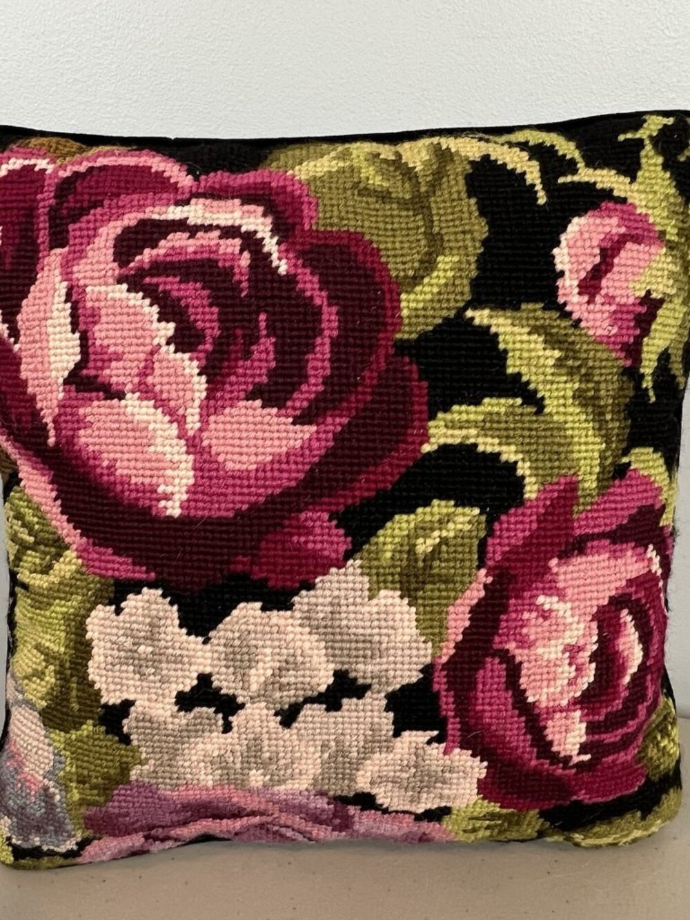 Needlepoint Floral Wool Throw Pillow Case Black Velvet Back 12x12"